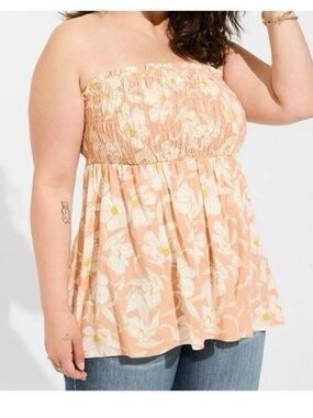 torrid Peach Floral Smocked Strapless Camisole